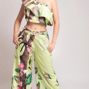 L'ATISTE Green and Pink Tropical One-Shoulder Jumpsuit